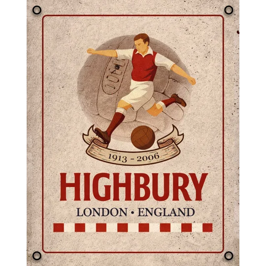 Highbury-inspired vintage metal wall sign featuring retro Arsenal football-themed artwork