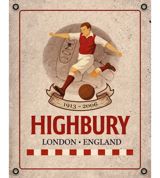 Highbury-inspired vintage metal wall sign featuring retro Arsenal football-themed artwork