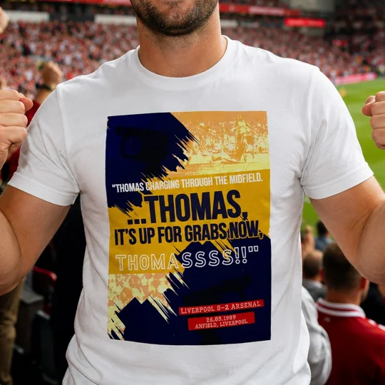 Arsenal-inspired Michael Thomas “It’s Up for Grabs Now” white football T-shirt with full-colour artwork