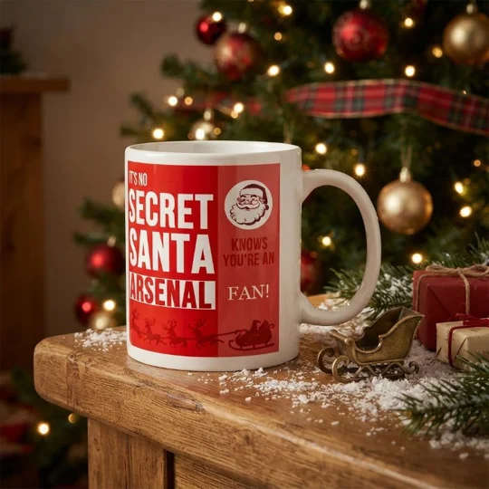 Arsenal-inspired Secret Santa Christmas gift mug with full-colour football-themed artwork