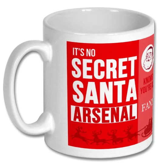 Arsenal-inspired Secret Santa football fan mug, ideal for Christmas gifts and stocking fillers
