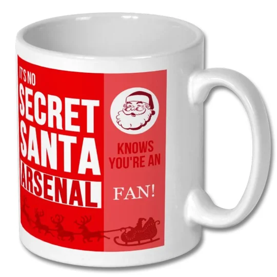 White 10oz Arsenal-inspired Christmas mug featuring a glossy photo-quality festive design