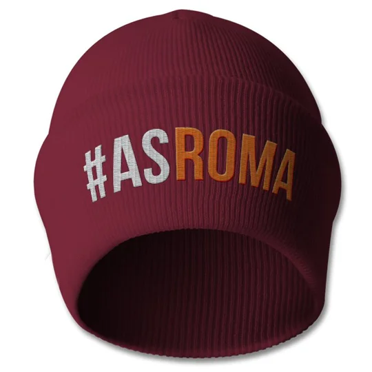 Roma-inspired football bobble beanie with embroidered hashtag design