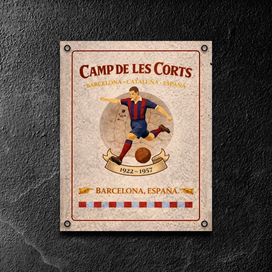 Handmade Camp de Les Corts metal wall sign for Barcelona-inspired football décor