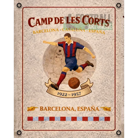 Vintage football metal sign celebrating historic Camp de Les Corts, Barcelona-inspired wall art