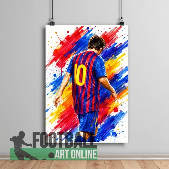 Messi GOAT poster featuring colourful Barcelona-inspired football artwork