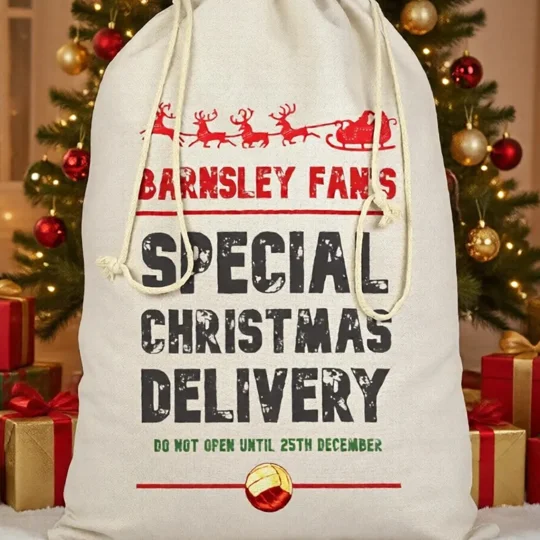 Barnsley-inspired Christmas football Santa sack in off-white cotton with full-colour football artwork