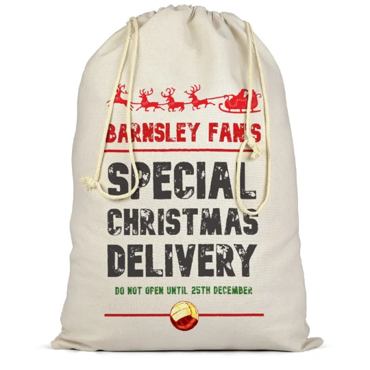 Premium cotton Christmas Santa sack featuring Barnsley-inspired football art and rope drawcord closure