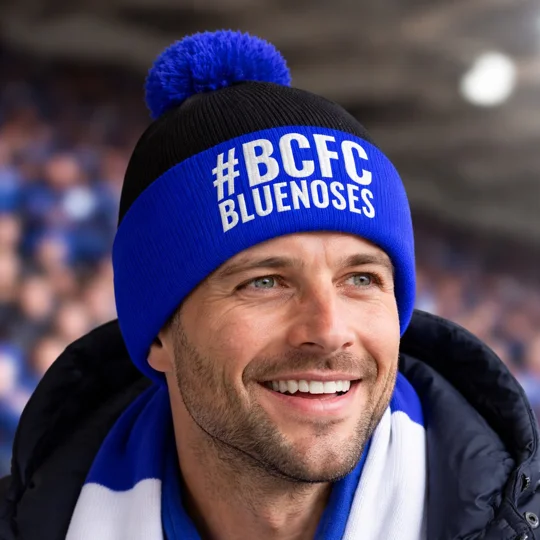 Birmingham-inspired Bluenoses retro-style football bobble hat with embroidered hashtag design
