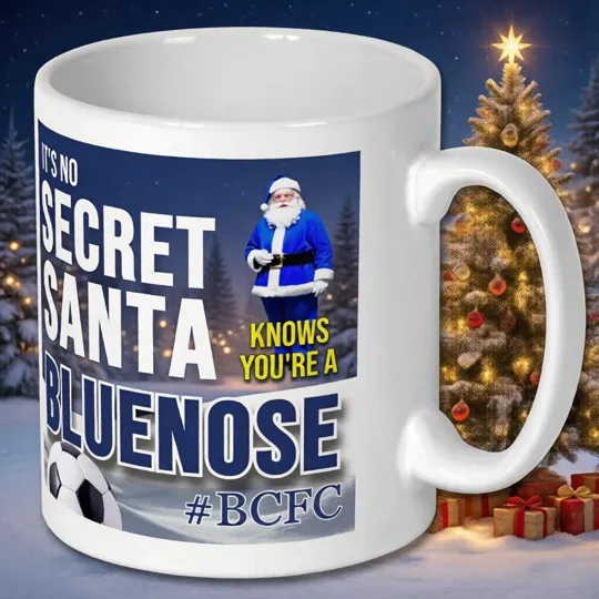 Bluenose Christmas gift mug with Birmingham-inspired football artwork