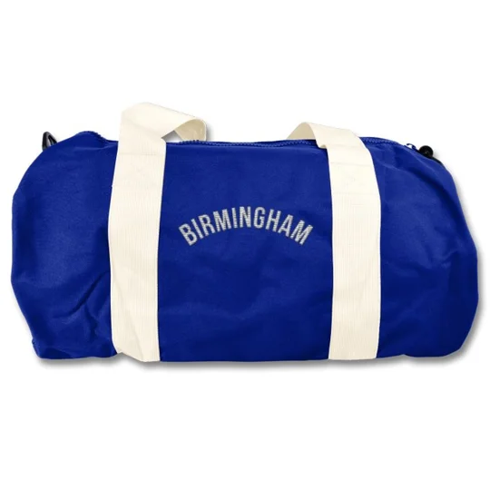 Birmingham-inspired retro style football holdall barrel kitbag with embroidered detailing