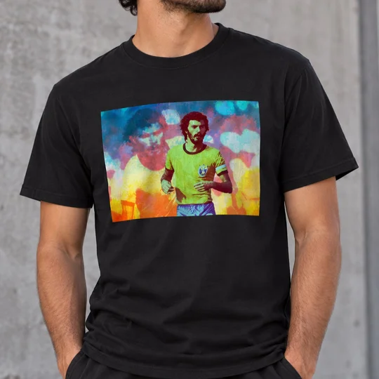 Brazil 82 T-shirt with Socrates-inspired full-colour football artwork on black cotton shirt