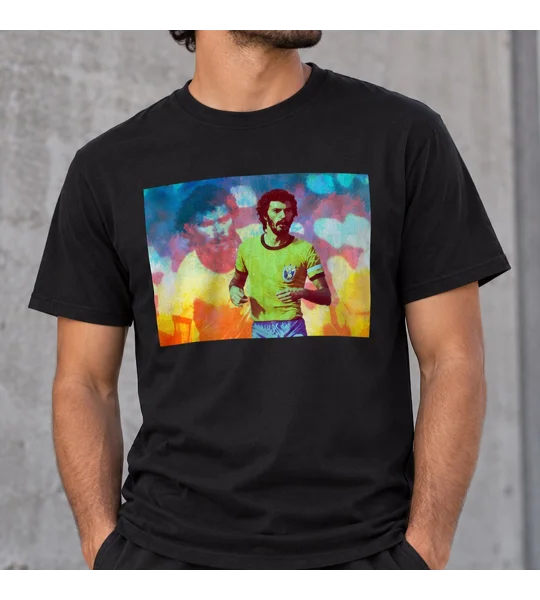 Brazil 82 T-shirt with Socrates-inspired full-colour football artwork on black cotton shirt