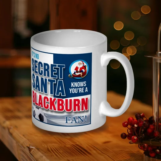 Blackburn Rovers-inspired Secret Santa Christmas gift mug with colourful football artwork