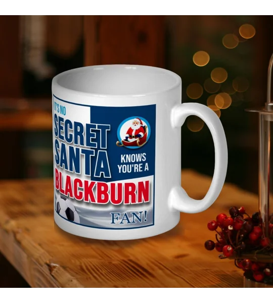 Blackburn Rovers-inspired Secret Santa Christmas gift mug with colourful football artwork