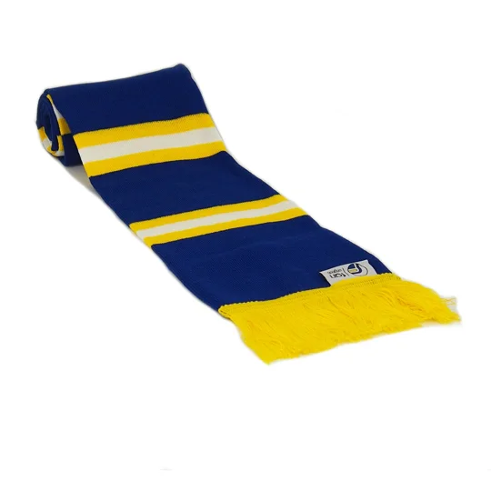 Blue white and yellow Cardiff-inspired football scarf with double fringed ends