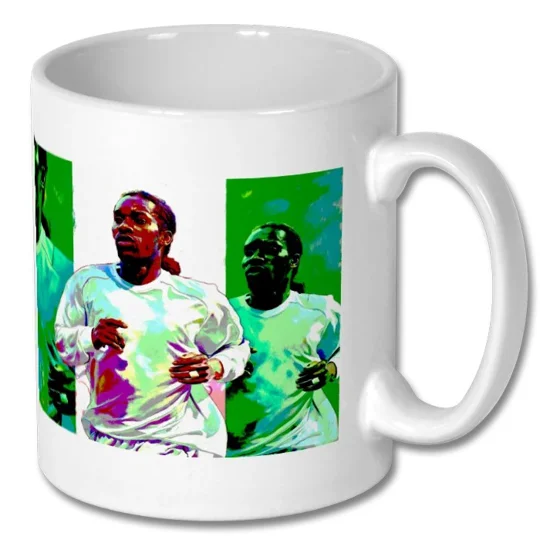 Bolton-inspired Jay-Jay Okocha tribute art mug with full-colour football artwork on a white 10oz ceramic mug