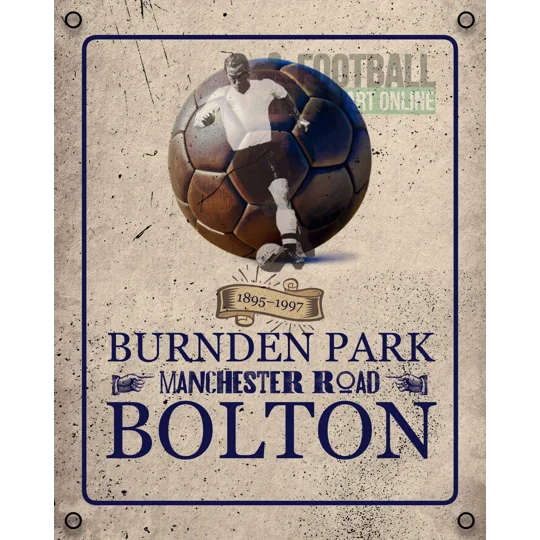 Bolton Burnden Park-inspired vintage-style metal wall sign featuring retro football artwork and nostalgic ground-inspired design