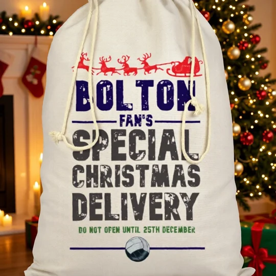 Bolton-inspired Christmas football Santa sack in off-white cotton with full-colour football art design