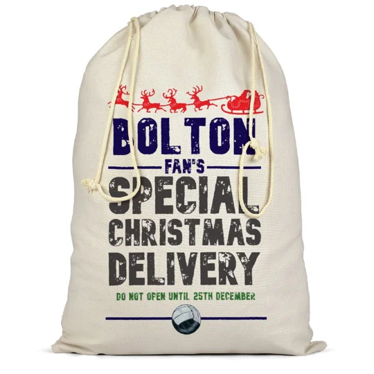 Off-white Bolton-inspired Christmas Santa sack with rope drawcord closure and football artwork