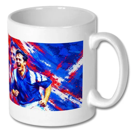 Rangers-inspired Ally McCoist football art mug with full-colour design