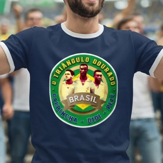 Brazil Golden Triangle-inspired retro football T-shirt in blue with white trim and full-colour football art.