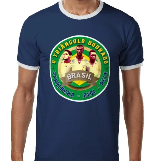 Front view of the blue Brazil Golden Triangle-inspired football T-shirt featuring a colourful retro football design.