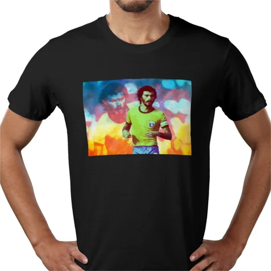 Socrates-inspired Brazil 1982 shirt featuring vibrant retro football artwork