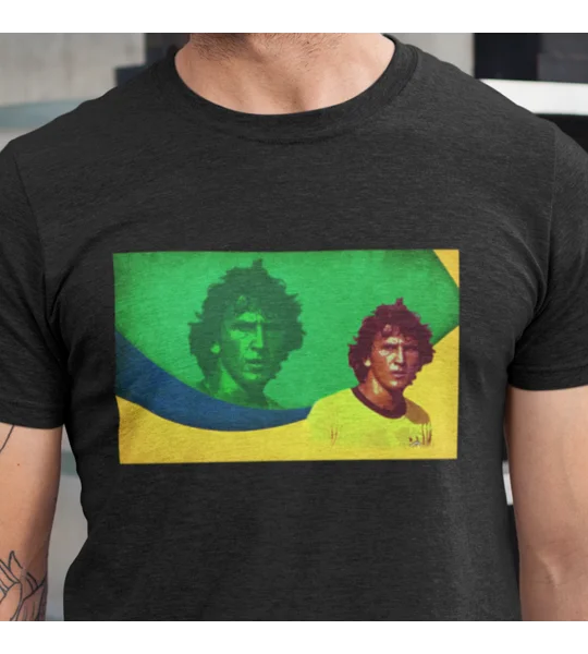 Black Zico t-shirt featuring colourful Brazil football-inspired artwork