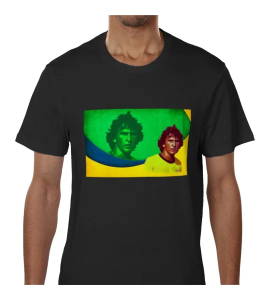 Zico-Inspired black Brazil football fan t-shirt with full-colour football art design
