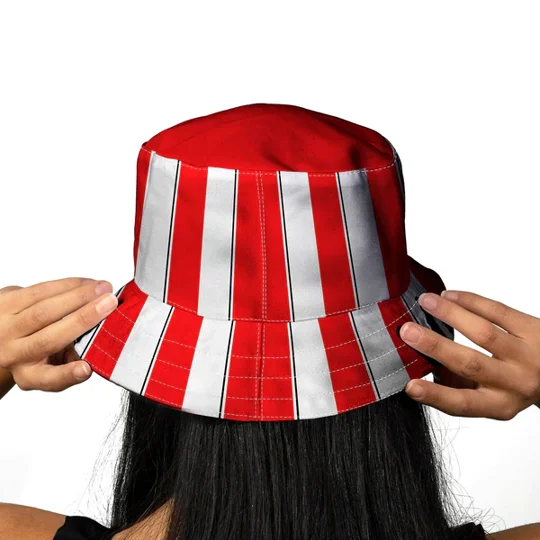 Brentford retro 1989-inspired bucket hat — Stylish red and white bucket hat with a vintage football aesthetic, inspired by Brentford’s 1989 home kit and designed for supporters who love classic Bees style.