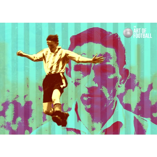 Brentford Jim Towers-inspired digital football print — Dynamic vintage-style artwork combining a footballer in action with an oversized pop-art portrait, distressed screen-print textures and vivid turquoise, magenta, green and purple tones in a striking tribute design.