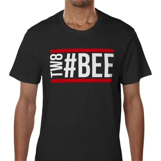 Brentford-inspired Bee Hashtag football T-shirt — Black fan shirt displaying a striking white “TW8 #BEE” graphic framed by red lines, designed as a bold tribute to the Bees and their supporters.