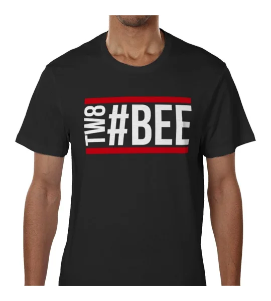 Brentford-inspired Bee Hashtag football T-shirt — Black fan shirt displaying a striking white “TW8 #BEE” graphic framed by red lines, designed as a bold tribute to the Bees and their supporters.