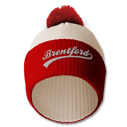 Brentford-inspired vintage-style bobble hat featuring an embroidered football design, perfect for Brentford fans and classic matchday wear.