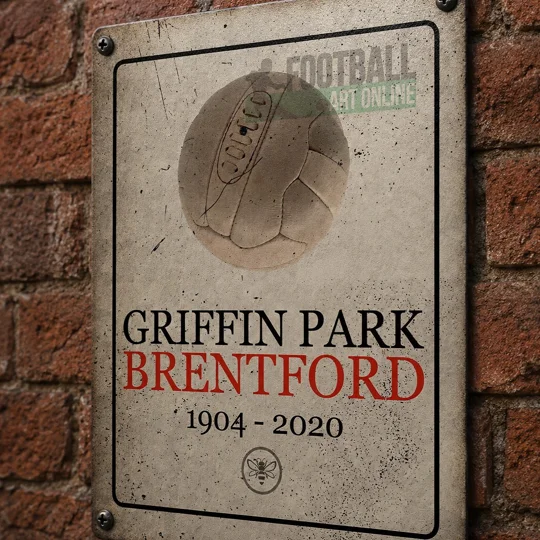 Vintage Brentford Griffin Park football wall sign — Decorative metal sign with a nostalgic Griffin Park design, perfect for Brentford FC supporters looking to add classic football character to a home, office or fan room.
