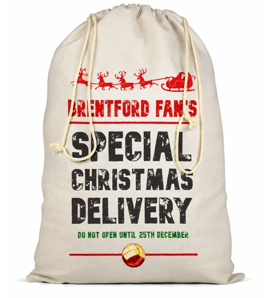 Brentford-inspired Christmas present football Santa sack featuring festive reindeer and sleigh artwork, bold “Brentford Fan’s Special Christmas Delivery” text and drawstring closure.