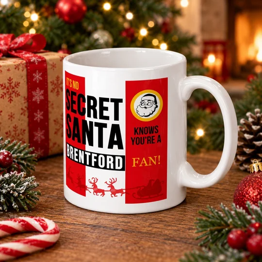 Brentford-inspired Secret Santa Christmas gift mug with colourful football-themed artwork