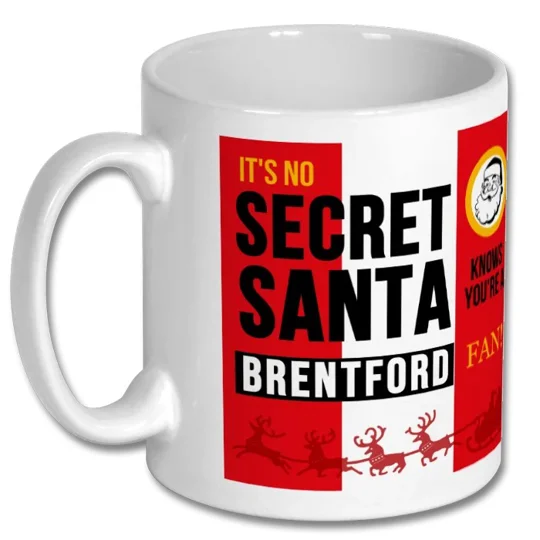 Christmas-themed Brentford football mug designed as a fun Secret Santa gift for Brentford supporters and football-loving friends.