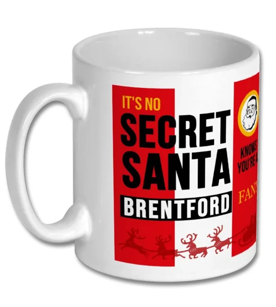 Christmas-themed Brentford football mug designed as a fun Secret Santa gift for Brentford supporters and football-loving friends.