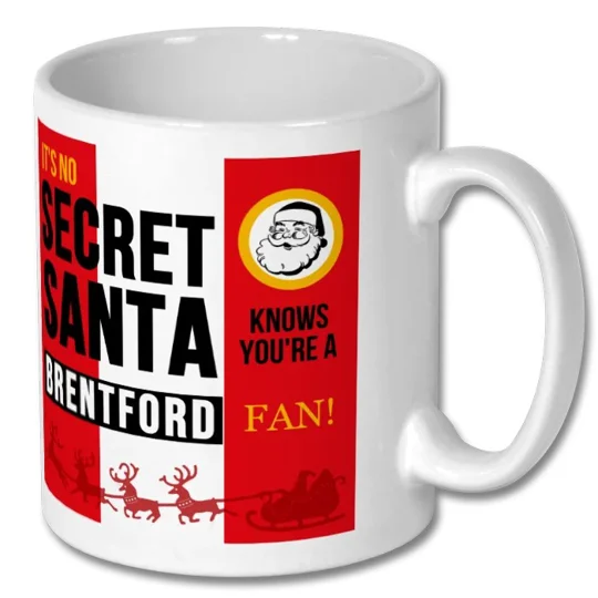 Brentford Secret Santa Christmas gift mug featuring festive football-inspired design, perfect for fans and seasonal gifting.