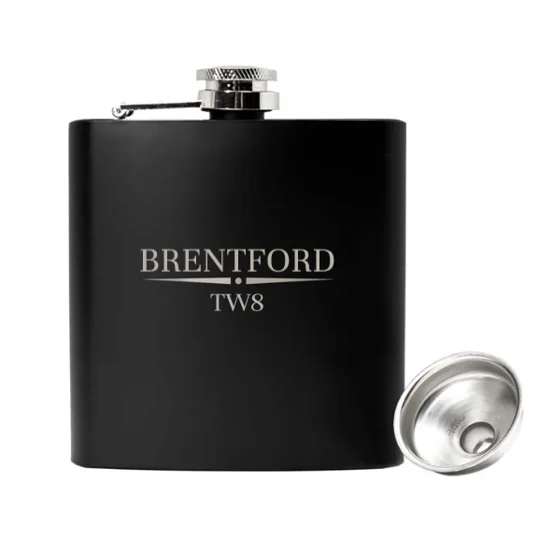 Brentford TW8 6oz Luxury Hip Flask — Stylish 6oz luxury hip flask featuring a bold Brentford-inspired TW8 design, presented in a sleek, compact format that makes a distinctive gift for football fans and supporters.