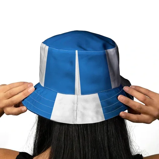 Close-up of Brighton 1999 home-inspired bucket hat showing its retro-style football design and canvas construction