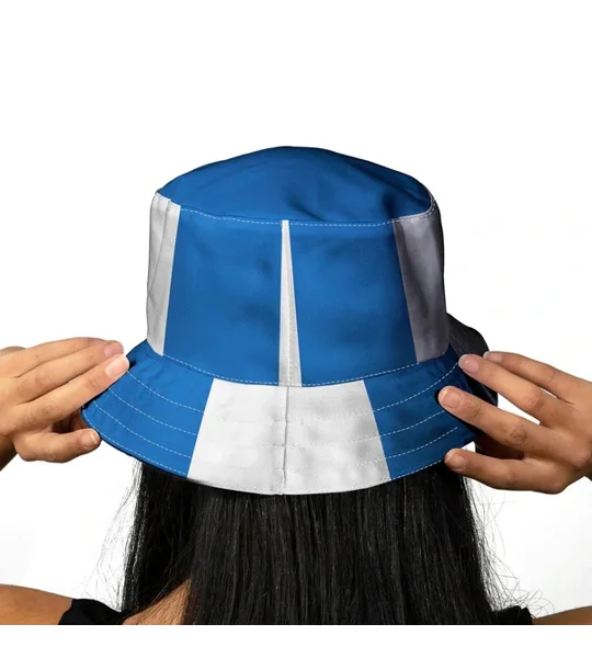 Close-up of Brighton 1999 home-inspired bucket hat showing its retro-style football design and canvas construction