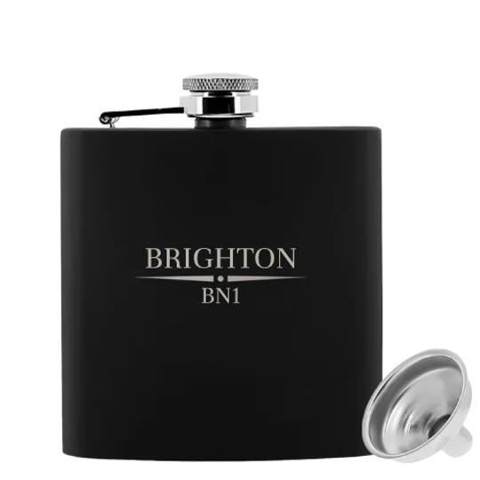 Brighton-inspired BN1 6oz black luxury hip flask with engraved design and gift presentation box