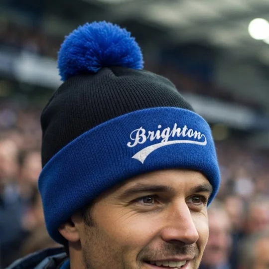 Close-up of Brighton-inspired vintage-style football bobble hat with detailed embroidered front
