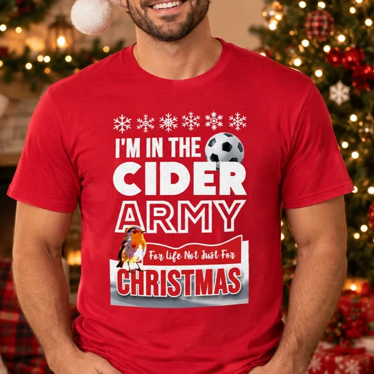 Cider Army Bristol City-inspired Christmas football T-shirt in red with full-colour artwork
