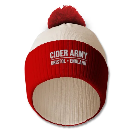 Cider Army-inspired football bobble hat with embroidered design