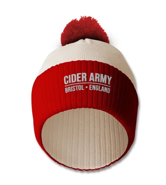 Cider Army-inspired football bobble hat with embroidered design