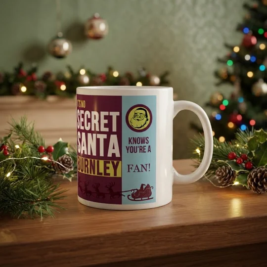 Burnley-inspired Secret Santa Christmas gift mug with full-colour football artwork
